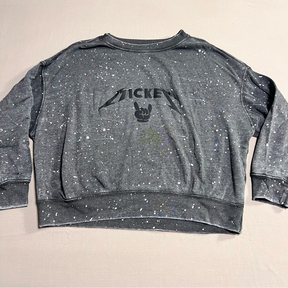 Women’s XL Mickey Mouse Rock & Roll Sweatshirt Cropped Baggy Splatter